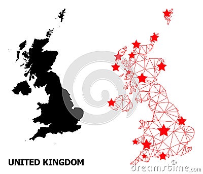 2D Polygonal Map of United Kingdom with Red Stars Vector Illustration