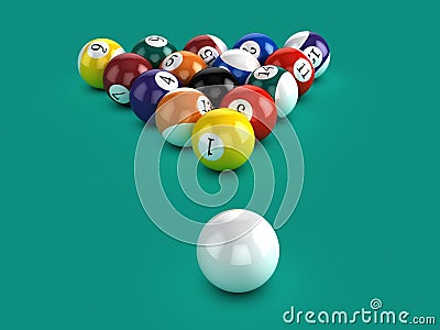 3d Pool balls and the white ball Stock Photo