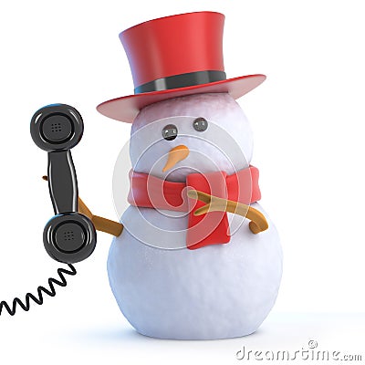 3d Posh snowman answers the phone Stock Photo