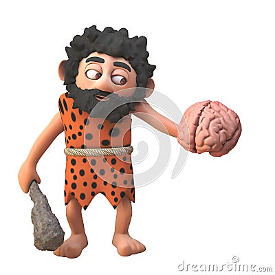3d prehistoric caveman character holding a human brain and club, 3d illustration Cartoon Illustration