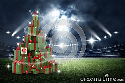 3d present boxes, christmas tree concept in the stadium Stock Photo