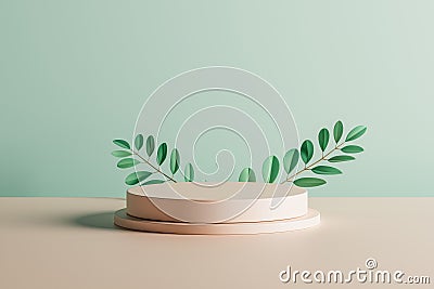 3d presentation pedestal with branch with leafs and background mirror Stock Photo