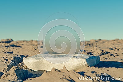 3d presentation pedestal made of rock with square back over rock landscape background Stock Photo