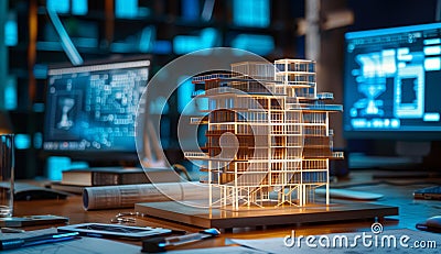 3D-printed architectural model of a tall building, on a desk in front of a computer screen with blueprints and project papers Stock Photo