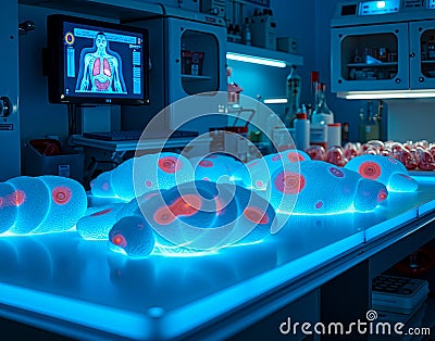 3D-printed organs on sterile table. Futuristic biotech lab where artificial human organs are printed layer by layer Stock Photo
