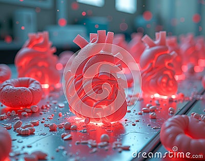 3D-printed organs on sterile table. Futuristic biotech lab where artificial human organs are printed layer by layer Stock Photo