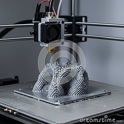 3D printer in action, crafting a complex gray structure with layered, arch-like patterns. Stock Photo
