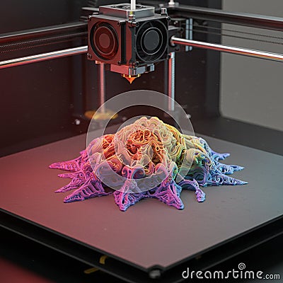 A 3D printer is in action, creating a complex, colorful structure resembling a blooming abstract form. Stock Photo