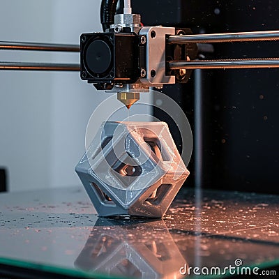 3D printer in action, creating a geometric, open-frame shape with interlocking square Stock Photo