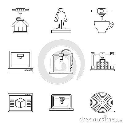 3d printer construct icon set, outline style Vector Illustration