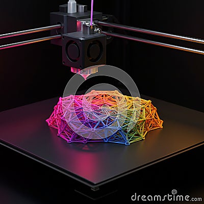 A 3D printer creates a complex geometric structure using multicolored filaments. Stock Photo