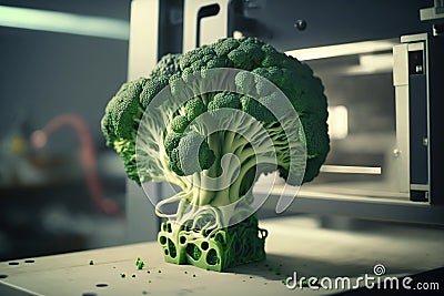 3d printer creates a piece of broccoli, created with Generative AI technology Stock Photo