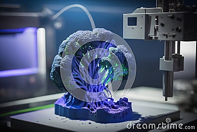 3d printer creates a piece of broccoli, created with Generative AI technology Stock Photo