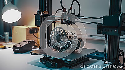 3D Printer Creating an Intricate Mechanical Gear Assembly Prototype Stock Photo