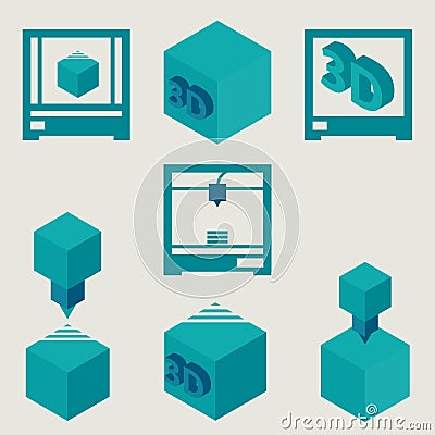 3D Printer flat blue icons set Vector Illustration