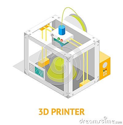 3d Printer Flat Design Style Isometric View. Vector Vector Illustration