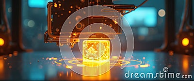 3D printer with golden glow HUD icon prints cube. Modern advanced tech emerging process. Abstract minimal design concept. Glows Stock Photo
