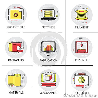 3d Printer Modern Technology Project File Industry Production Icon Set Vector Illustration