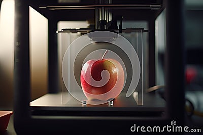 3D printer prints red apple. Cooking device of future for making food. Home future technology. Realistic composition with process Stock Photo