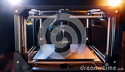A 3D printer is in the process of creating a small object Stock Photo