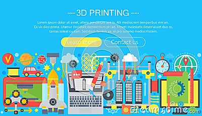 3d printer technology flat concept set. 3d modeling, printing and scanning web header. Vector Illustration