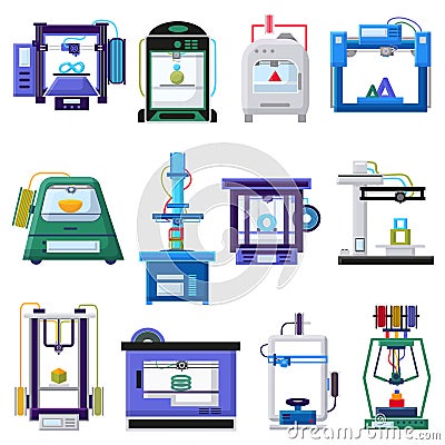 3d printers and layout rapid prototyping vector illustration. Process of 3d printing, modeling and scanning objects Vector Illustration