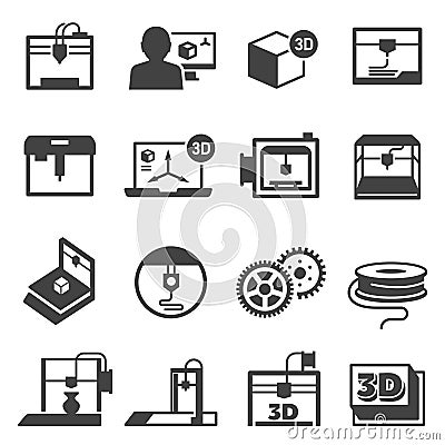 3D printing, additive manufacturing bold black silhouette icons set isolated on white. Fabber technology. Vector Illustration