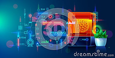 3d printing. Additive technology. 3d printer on workplace of engineer maker with abstract tech schema of additive technologies. Vector Illustration