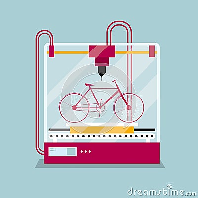 D printing a bike model, the concept of rapid prototyping. Vector Illustration