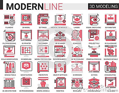 3d printing complex flat line concept science technology web icons vector set. Red black thin line creative design with Vector Illustration