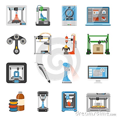 3D Printing Icons Set Vector Illustration