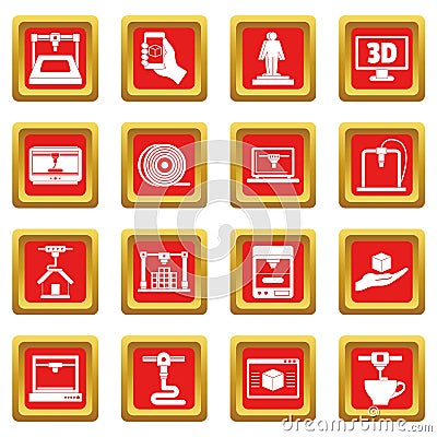 3D Printing icons set red Vector Illustration