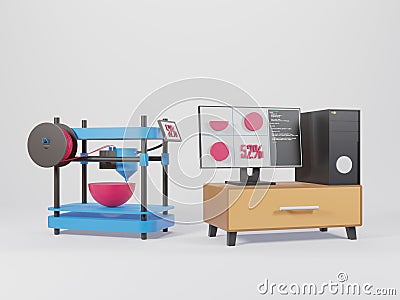 3D printing machine makes the 3D prototype model by resin material ,Controlled by computer isolate white background - 3d Cartoon Illustration