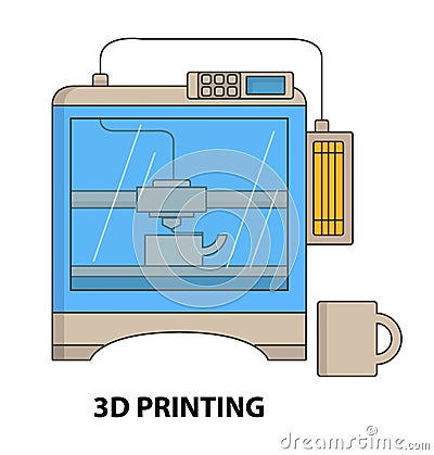 3d printing machine to prototype model flat vector Cartoon Illustration