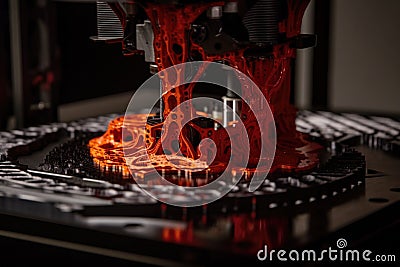 3d printing robot extruding layer of molten plastic to create intricate design Stock Photo