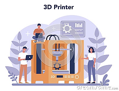 3D Printing technology concept. 3D printer equipment and engineer. Vector Illustration