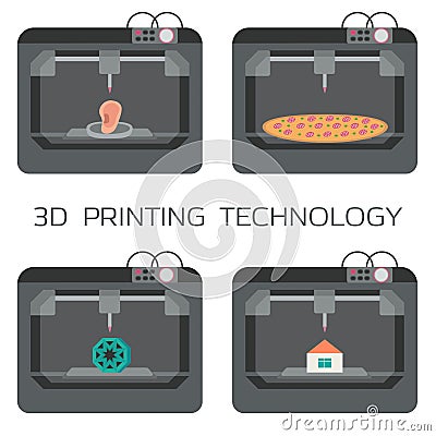 3D printing technology. 3d printing house, bodies, pizza, plastic models. 3 D printer. Vector Illustration