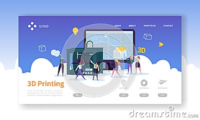 3D Printing Technology Landing Page. 3D Printer Equipment with Flat People Characters Website Template. Engineering Vector Illustration