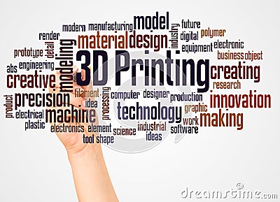 3D Printing word cloud and hand with marker concept Stock Photo