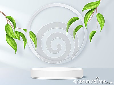 3d product background, cosmetic podium. Minimal nature display or scene, empty stand, platform with leaf, realistic Vector Illustration