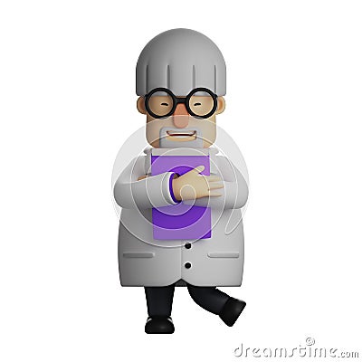 3D Professor Cartoon Character holding a purple notebook Stock Photo