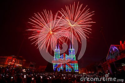 3D Projection Mapping and Fireworks on church Chanthaburi Thailand. Editorial Stock Photo