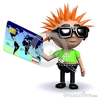 3d Punk kid pays with a credit card Stock Photo
