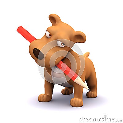 3d Puppy dog with pencil in mouth Stock Photo