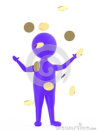 3d purple character standing and raising both hands when golden coin,s falls Stock Photo
