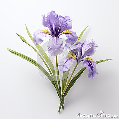 3d Purple Iris Flowers On White Background - Hiroshi Nagai Style Paper Sculptures Stock Photo