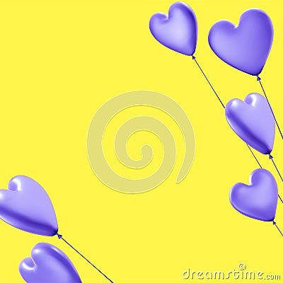 3d purple realistic balloons in heart shape on yellow background Vector Illustration
