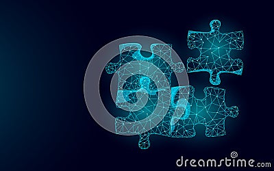 3D puzzle pieces joined together. teamwork business concept. Creative idea problem solution cooperation. Low poly blue Vector Illustration