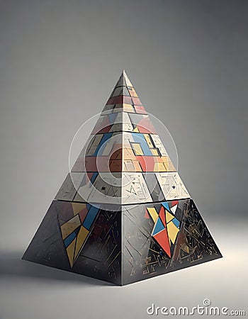 3D pyramid with various geometric patterns and colors, De Stijl Style, Generative AI Stock Photo