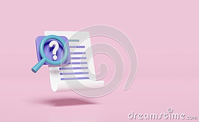 3d question mark symbol with Id card magnifying, checklist, clipboard isolated on pink. recruitment staff, human resources, job Cartoon Illustration